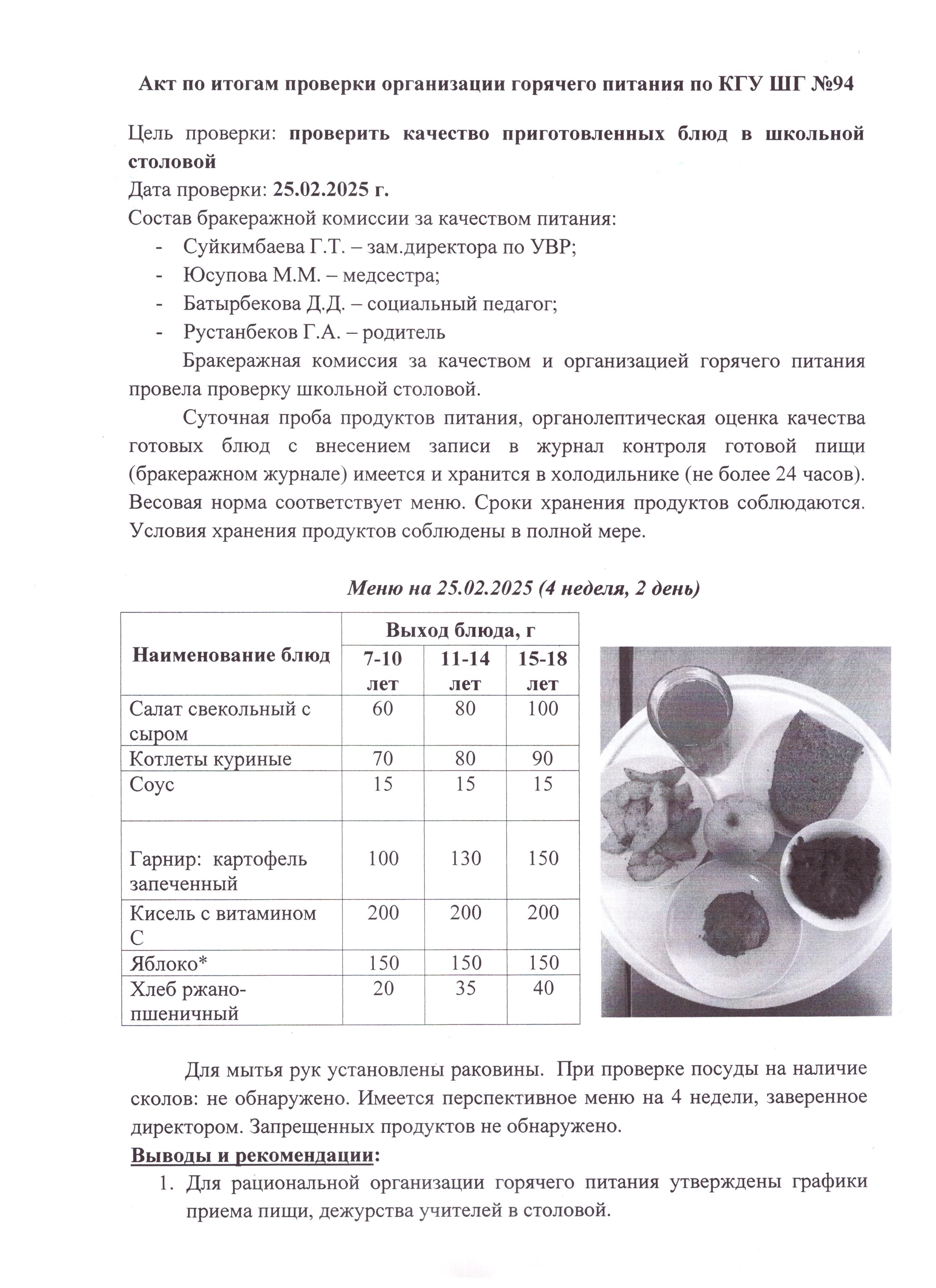 Ыстық тамақтандыруды ұйымдастыруды тексеру қорытындысы бойынша Акт / Акт по итогам проверки организации горячего питания