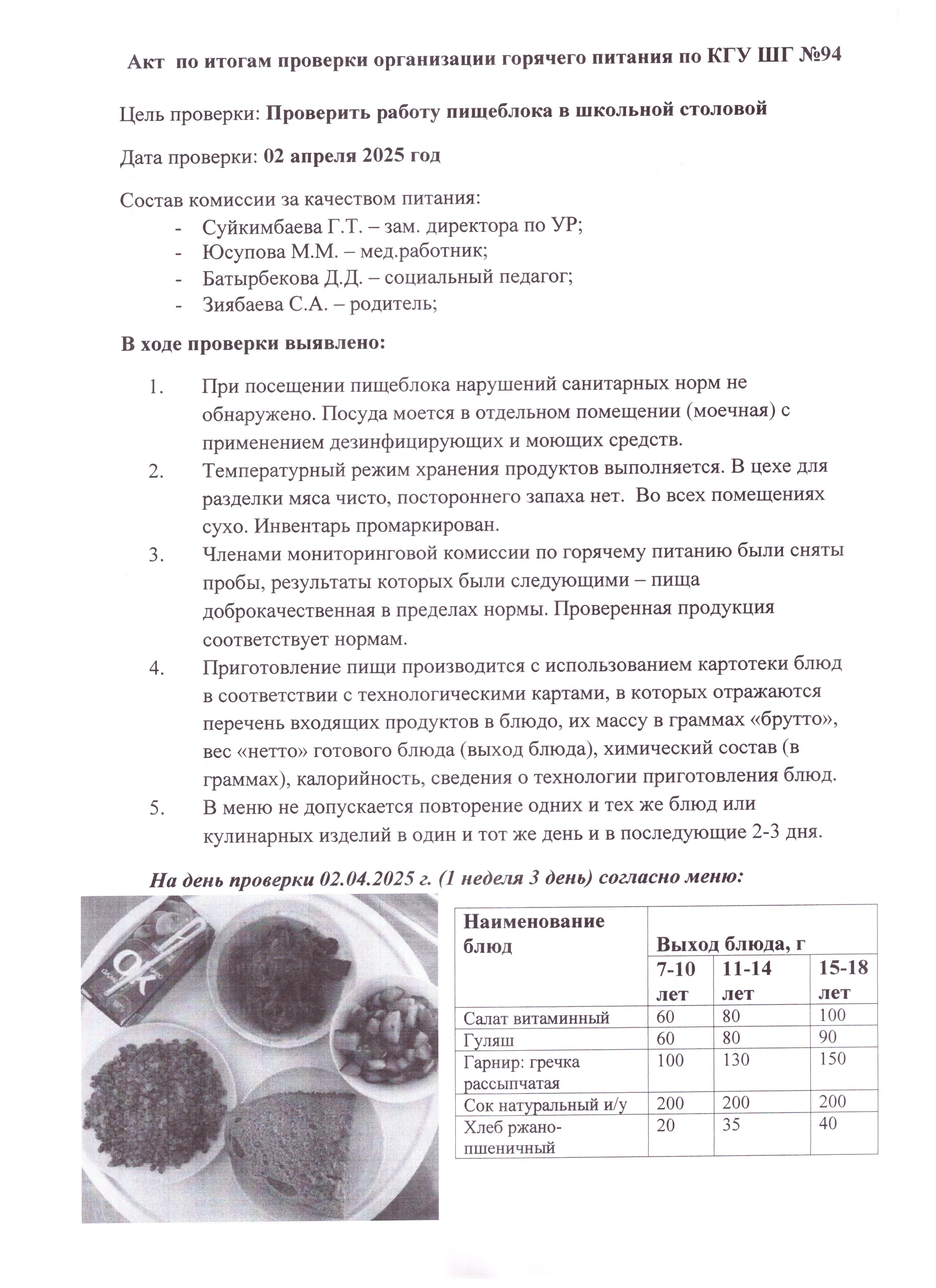 Ыстық тамақтандыруды ұйымдастыруды тексеру қорытындысы бойынша Акт / Акт по итогам проверки организации горячего питания