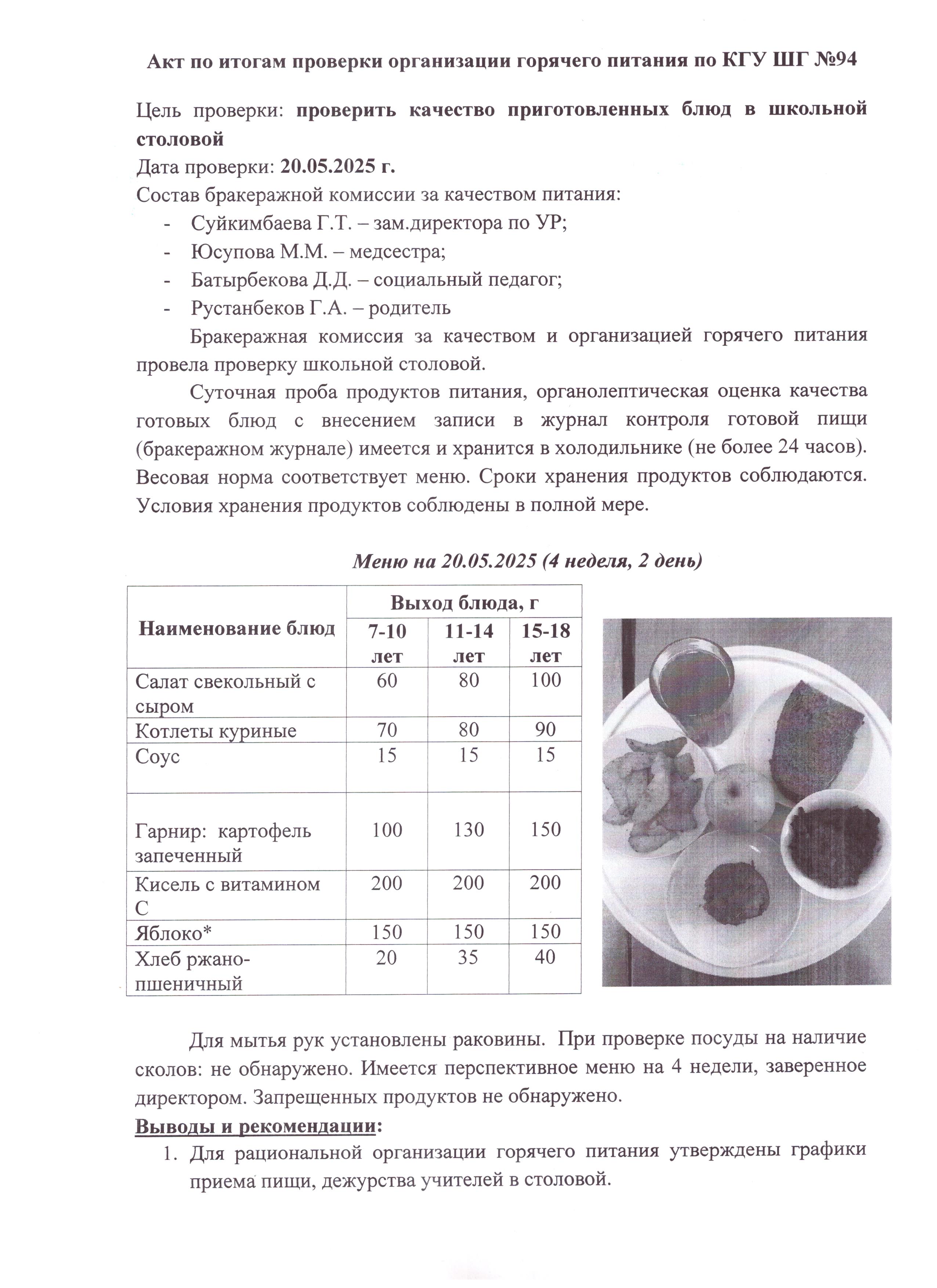 Ыстық тамақтандыруды ұйымдастыруды тексеру қорытындысы бойынша Акт / Акт по итогам проверки организации горячего питания