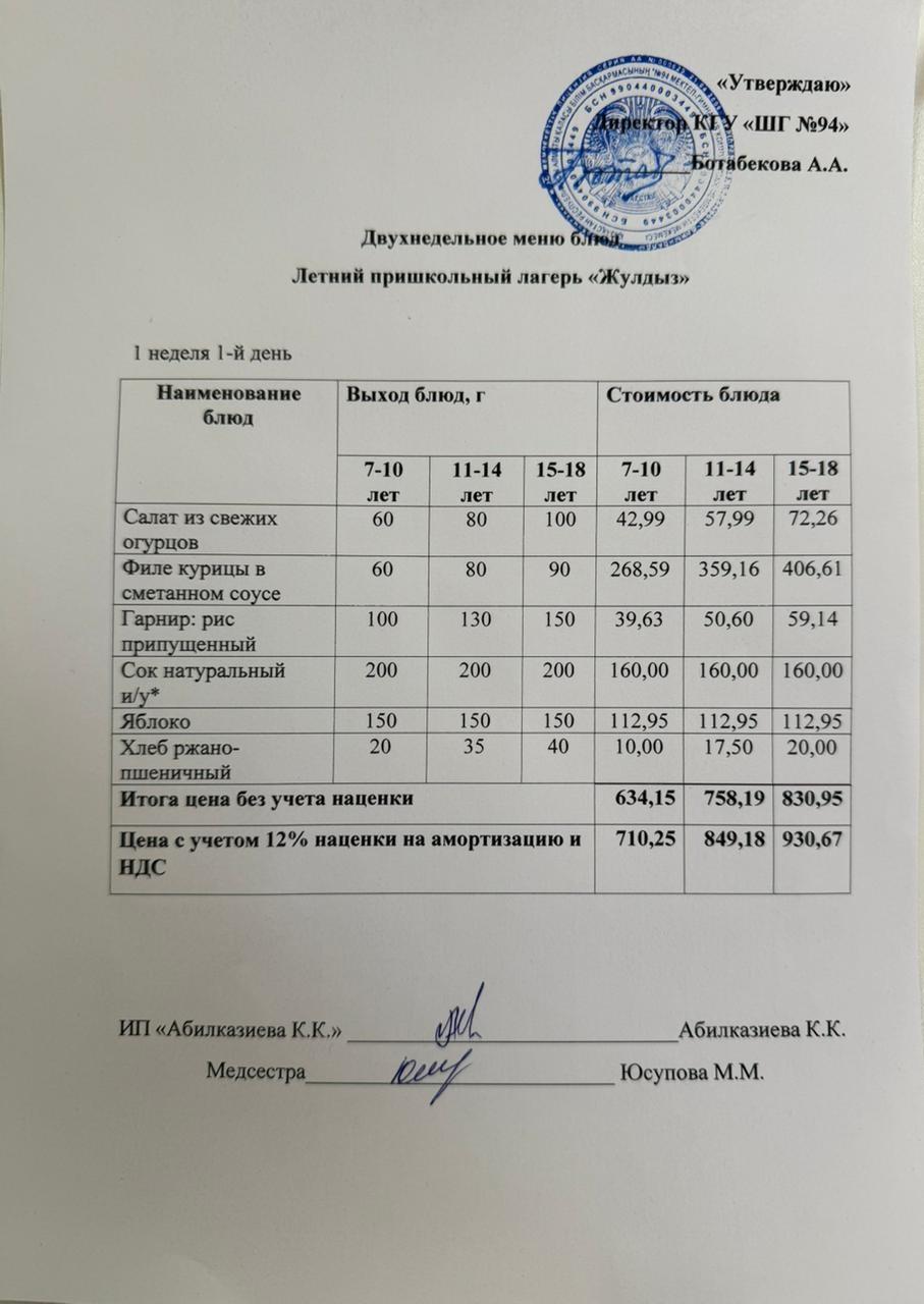 26.05.2025 ж. Ас мәзірі / Меню "Жұлдыз" жазғы мектеп жанындағы лагері
