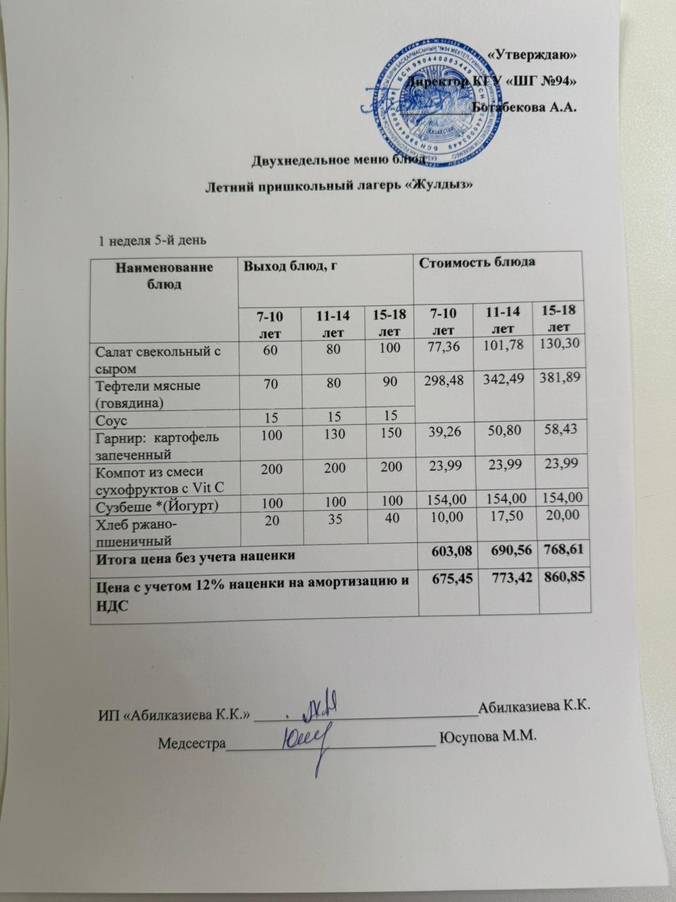 30.05.2025 ж. Ас мәзірі / Меню "Жұлдыз" жазғы мектеп жанындағы лагері