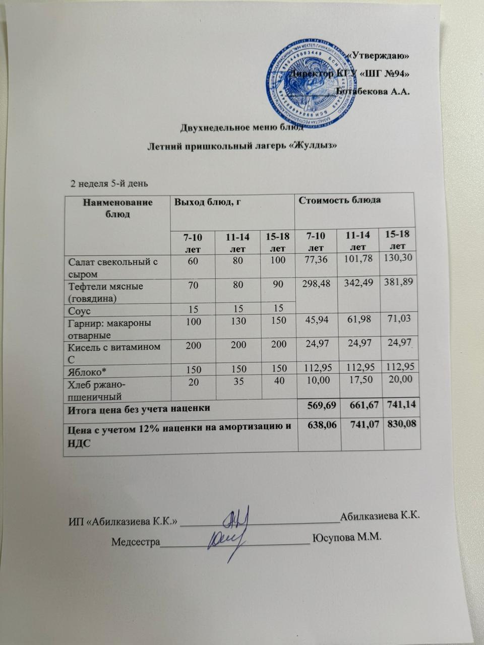 09.06.2025 ж. Ас мәзірі / Меню "Жұлдыз" жазғы мектеп жанындағы лагері